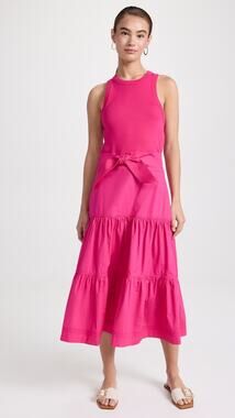 Veronica Beard Austyn Hot Pink Tiered Pima Cotton Midi Designer Chic Dress XS
